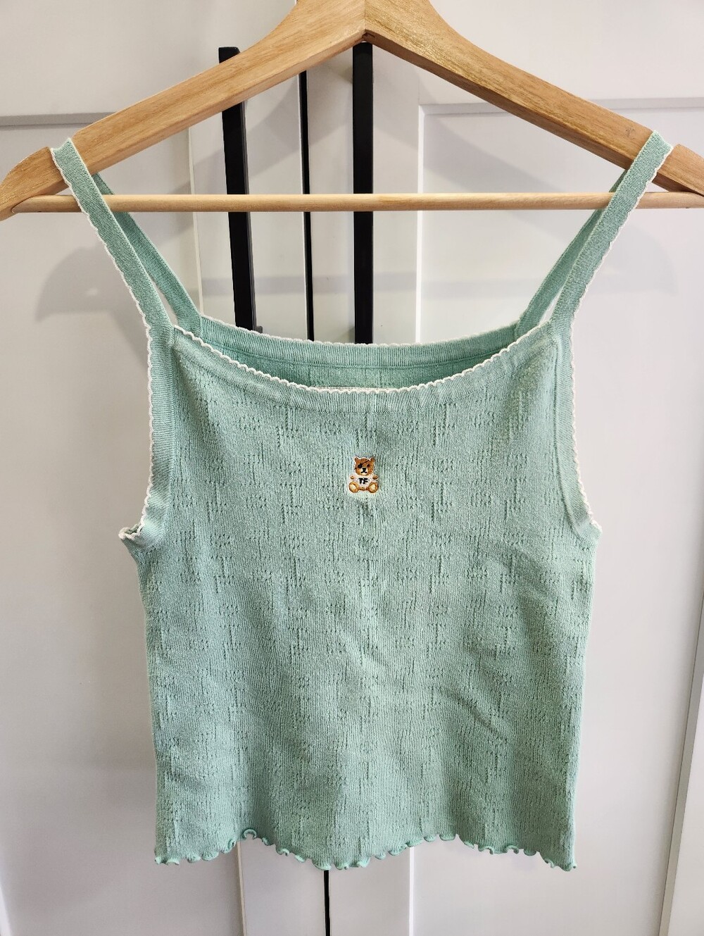 Teddy Fresh Tank Top Pointelle Knit Logo Green Size Medium